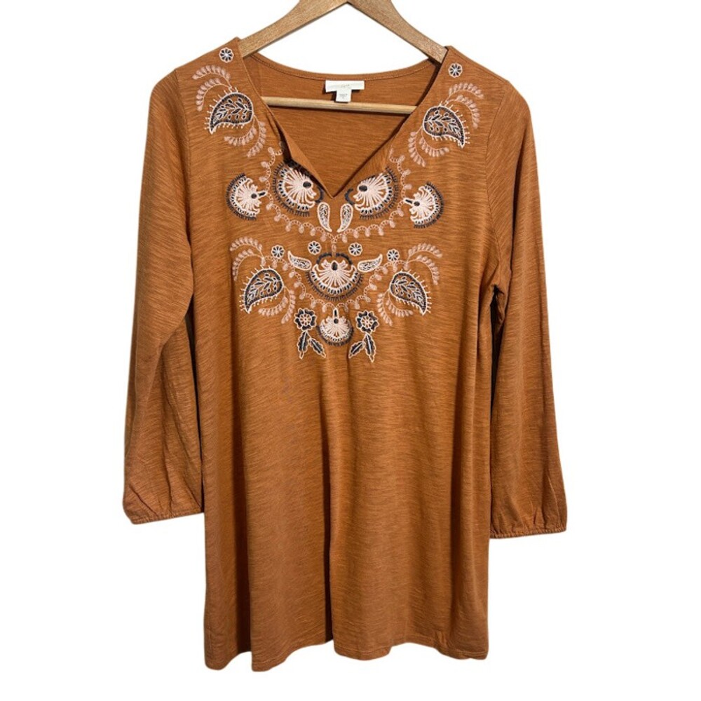 J Jill Embroidered Floral Tunic Top S Orange Burnout Long Sleeve Boho Cotton